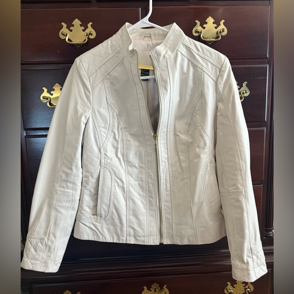 IMAN Cream Leather Jacket with Gold Details